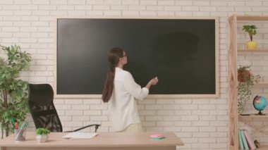 Okul öğretmeni sınıfta gençlerle konuşuyor. Kadın üniversite öğretmeni sınıfın önünde duruyor ve öğrencilere temel matematik dersini anlatıyor. Eğitim kavramı.