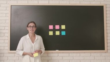 Okul öğretmeni sınıfta gençlerle konuşuyor. Kadın üniversite öğretmeni sınıfın önünde duruyor ve öğrencilere ders veriyor. Üzerinde yapışkan notlar vardı. Eğitim kavramı.