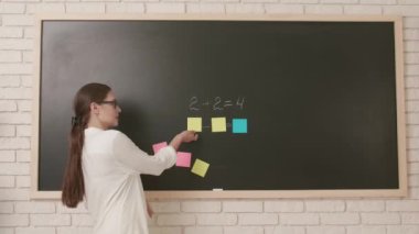 Okul öğretmeni sınıfta gençlerle konuşuyor. Kadın üniversite öğretmeni sınıfın önünde duruyor ve öğrencilere ders veriyor. Üzerinde yapışkan notlar vardı. Eğitim kavramı.