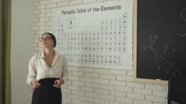 Bir grup ilkokul öğrencisi fen bilgisi öğreniyor. Ortaokul öğrencileri fen bilimleri kimyası dersinde. Öğretmen, duvarda asılı olan elementlerin periyodik tablosunu çocuklara açıklıyor. Yavaş çekim.