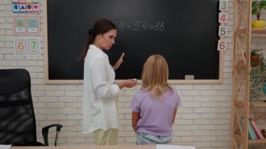 Bir grup ilkokul öğrencisi. Sınıftaki ortaokul öğrencileri, kadın öğretmen çocuklara ders veriyor, çocuk tahtaya matematik örneği yazıyor. İlkokul.