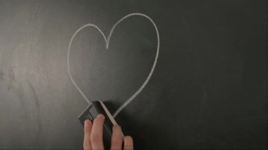 Bayan öğretmenin elinde tebeşir var. Karatahtaya kalp imzası emojisini silen kadın el yazısını kapat. Profesör tahtaya ya da öğrenci çözme görevine yazıyor. Eğitim ve bilim konsepti.