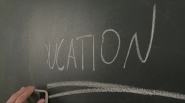 Bayan öğretmenin elinde tebeşir var. Karatahtaya yazı tahtası ya da öğrenci çözme görevine yazı yazan bir kadın el temizleme programı. Eğitim ve bilim konsepti.