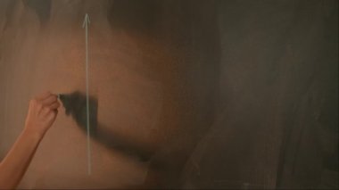 Bayan öğretmenin elinde tebeşir var. Karatahtadaki parabolle kadın eli koordinat eksenini kapatın, profesör tahtaya ya da öğrenci çözme görevine yazıyor. Eğitim ve bilim konsepti.