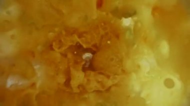 Sebze suyu ve cam blender şişesinin üst görüntüsü. Karışık sebzeler dinamik bir şekilde suyla karıştırılarak bir girdap oluşturur, su sıçratır ve sıçratır. Sağlıklı Yaşam Tarzı.