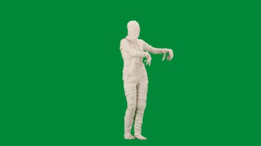 Halloween and funny spooky advertisement creative concept. Portrait of person in a mummy bandage on chroma key green screen background. Mummy covered in white cloth ribbons walking with hands up. clipart