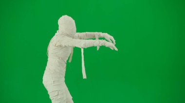 Cadılar Bayramı ve tuhaf reklam yaratıcı konsepti. Krom anahtar yeşil ekran arka planında mumya bandajlı birinin portresi. Annecik beyaz kurdelelerle kaplı, elleri havada yürüyor.