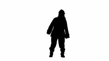 Noel ve yeni yıl tatili konsepti. Beyaz izole arka planda, Noel Baba kostümlü bir adamın siyah silueti. Noel Baba el hareketi yapıyor. Buraya gel.