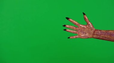 Stüdyoda jestler gösteren korkunç bir el. Tırnakları sallanan parlak balçık içindeki ürkütücü cadılar bayramı canavarı el, kroma yeşil ekran arka planında izole edilmiş, çalışma alanı modeli gibi baş parmağı gösteriyor..