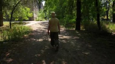 Genç adam parkta yürüyor. Güneşli bir yaz öğleden sonrasında, günlük giysiler içinde park yolunda yürüyen bir erkeğin arka görüntüsü. Boş zaman ve aktif yaşam tarzı kavramı.