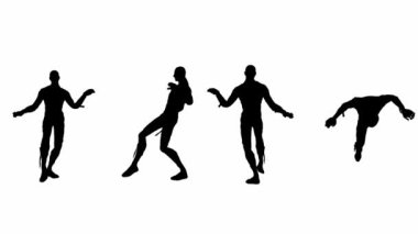 Sinsi bir mumyanın siyah siluetinin 3 boyutlu animasyonu. İzole edilmiş beyaz arka planda Cadılar Bayramı teması için bilgisayar grafikleri. Ön, yan, arka ve üst tam uzunluktaki açılardan 1 'de 4 kümesi.