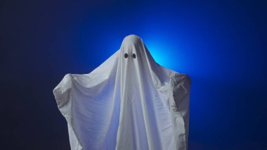 Kameraya poz veren hayalet gibi giyinmiş biri. Beyaz çarşaflı komik cadılar bayramı hayaleti arka planda korkunç jestler yapıyor ve stüdyoda mavi spot ışıkları var. Mutlu Cadılar Bayramı ürkütücü konsepti.
