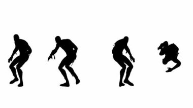 Yürüyen bir mumyanın siyah siluetinin 3 boyutlu animasyonu. İzole edilmiş beyaz arka planda Cadılar Bayramı teması için bilgisayar grafikleri. Ön, yan, arka ve üst tam uzunluktaki açılardan 1 'de 4 kümesi.