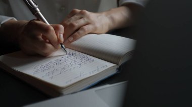 Kağıt üzerinde kadın metni. İş kadını ofis masasında dizüstü bilgisayarla oturuyor. Süt defterine kalemle notlar yazıyor. Düşüncelerini ve fikirlerini yazan biri..