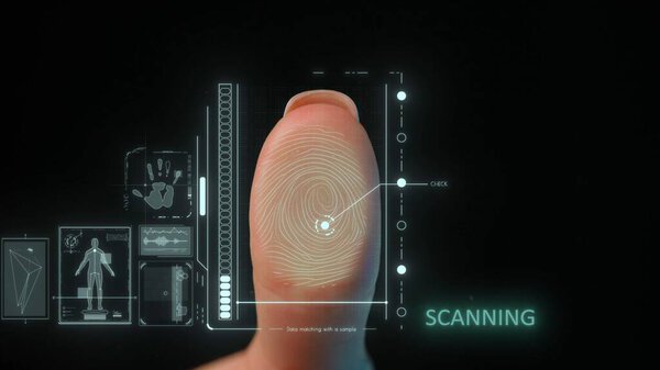 Инфографика современных технологий кибербезопасности. Женщина прикасается пальцем к стеклянному экрану и активирует голографический интерфейс безопасности, сканер личности сканирует отпечатки пальцев.