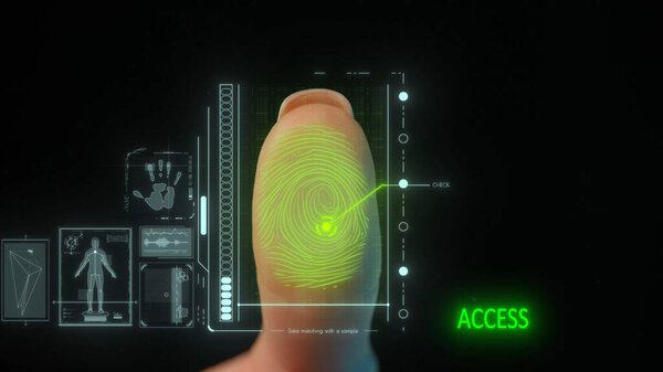 Инфографика современных технологий кибербезопасности. Женщина прикасается пальцем к стеклянной панели экрана и активирует голографический интерфейс безопасности, сканер личности сканирует отпечатки пальцев, показывая доступ одобрен