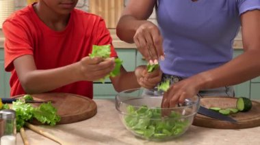 Afro-Amerikalı mutlu aile mutfakta yemek hazırlıyor. Anne ve oğlu salata hazırlıyor ve yeşil salata yapraklarını parçalıyor. Birlikte zaman geçirmek, sağlıklı bir yaşam tarzı..