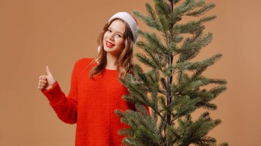 Kırmızı kazaklı Kar Kızı ve yeni yıl şapkası stüdyoda poz veriyor. Genç bir kız Noel ağacının arkasından dışarı bakar ve baş parmağını kaldırır. Yeni yıl ve Noel tatili kavramı.