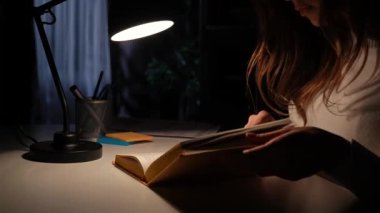 Ofis çalışanı fazla mesai yapıyor. Genç bir iş kadını gece geç saatlere kadar ofiste çalışıyor. Sayfaları karıştırıyor, ders çalışmak için bilgi arıyor..