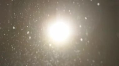 Dumanlı havada rastgele uçuşan küçük toz bulutu, nesneler için boş uzay şablonu. Pek çok toz parçacığı boş arkaplanda süzülüyor ve yukarıdan parlak bir spot ışığı geliyor..