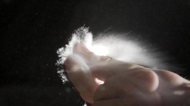 Havada rastgele uçuşan küçük toz, nesneler için boş uzay şablonu. İnsan eli yakın çekim, insan parmağı beyaz toz içinde parmak şıklatması ve toz parçacıkları boş arkaplanda yüzüyor