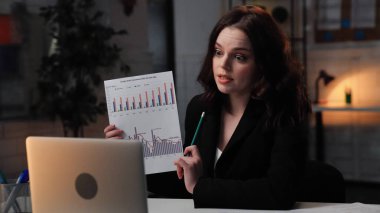 Ofiste çalışan bir iş adamı. Genç iş kadını geç saatlere kadar masa başında çalışır, dizüstü bilgisayar kullanır, görüntülü görüşme yapar, bilgi grafikleri, şaşırmış ifadeler, yan çekim....