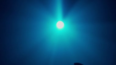 El hareketleri ve işaretleri. Siyah el silueti, jest yapan ve parlak mavi spot ışıklarına karşı el ele veren kişi, stüdyo arka planında izole edilmiş, yakın çekim..