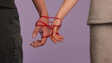 El hareketleri ve işaretleri. Erkek ve kadın elleri birbirine bağlı, kırmızı iplik, aşk ve bağlılık kavramı ile iç içe, mor stüdyo arka planında izole edilmiş, yakın çekim.