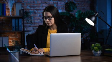 Ofiste çalışan bir iş adamı. Genç iş kadını geç saatlere kadar ofis dairesinde çalışıyor, dizüstü bilgisayar kullanıyor, deftere notlar yazıyor, proje planlıyor ve fikirler yazıyor..