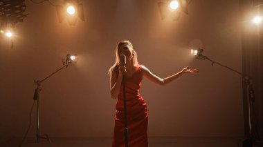 Profesyonel bir stüdyonun içinde. Işıklandırma ekipmanları ve siklonamayla fotoğraf çekimi stüdyosu. Ortadaki retro mikrofonda şarkı söyleyen kırmızı elbiseli kadın şarkıcı..
