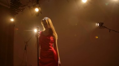 Profesyonel bir stüdyonun içinde. Işıklandırma ekipmanları ve siklonamayla fotoğraf çekimi stüdyosu. Ortadaki retro mikrofonda şarkı söyleyen kırmızı elbiseli kadın şarkıcı..