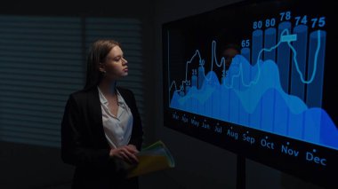 Proje lideri ve ekip üyeleri brifing veriyor. Genç kadın komisyoncu ofis yönetim kurulunda duruyor ve büyük ekranda görünen finansal veri bilgilerinden bahsediyor, kısa rapor veriyor ve analiz ediyor..