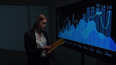 Proje lideri ve ekip üyeleri brifing veriyor. Ofisteki genç kadın komisyoncu büyük ekrandaki finansal veri bilgilerini analiz ediyor, rapor belgelerini okuyor ve gülümsüyor..