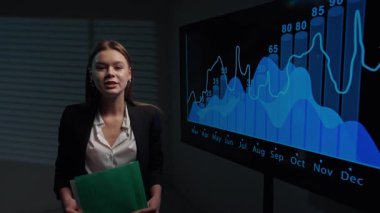 Proje lideri ve ekip üyeleri brifing veriyor. Genç kadın komisyoncu ofis yönetim kurulunda duruyor ve büyük ekranda gösterilen finansal veri bilgilerinden bahsediyor, haber sunuyor ve analiz ediyor..