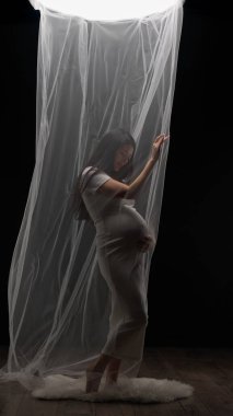 Genç Asyalı hamile bir kadın zarif bir şekilde akıcı bir kumaşın arkasında poz veriyor. Müstakbel anne stüdyoda havalı bir ışıkta siyah bir arkaplana karşı poz veriyor. Şefkat ve annelik kavramı.