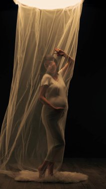 Beyaz elbiseli genç Asyalı hamile bir kadın şefkati ve anneliği simgeleyen akıcı bir kumaşın arkasında zarifçe poz veriyor. Müstakbel anne stüdyoda poz veriyor.