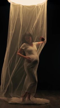 Genç Asyalı hamile bir kadın şefkati ve anneliği simgeleyen akıcı bir kumaşın arkasında zarifçe poz veriyor. Müstakbel anne stüdyoda poz veriyor. Yumuşak, sıcak bir ışıkta siyah bir arka planda. Dikey video.