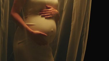 Beyaz elbiseli hamile bir kadın şefkati ve anneliği simgeleyen akıcı bir kumaşın arkasında zarifçe poz veriyor. Müstakbel anne stüdyoda poz veriyor..