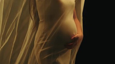 Beyaz elbiseli hamile bir kadın şefkati ve anneliği simgeleyen akıcı bir kumaşın arkasında zarifçe poz veriyor. Müstakbel anne stüdyoda poz veriyor..