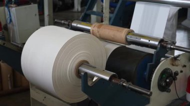 Geri dönüşüm üretimi, sanayi ambalajı. Biyolojik ambalaj fabrikası üretim makinesi, beyaz plastik bant rulosu, otomatik polietilen çanta üretim süreci.