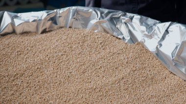 Geri dönüşüm üretimi, sanayi ambalajı. Biyolojik ambalaj fabrikası üretim makinası, tesislerin kapatılması, büyük çuvaldaki büyük malzemeler, polietilen çanta üretimi süreci.