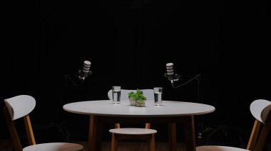 İki mikrofon şık bir stüdyoda aydınlatıcı bir podcast röportajı için hazır bekliyor. Bir bardak su ve biraz yeşillik içeren yuvarlak masa hikaye anlatımı için hoş bir ortam oluşturur..