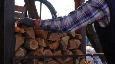 Kalın giysiler içinde genç bir adam ve bir şapka depolamak için odun kutusunda yakacak odun yığını. Adam kış mevsimi için odun toplamakla meşgul ve dışarıda çalışıyor..