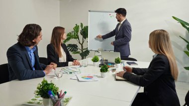Resmi takım elbiseli profesyonel bir takım modern bir ofiste strateji toplantısına katılır. Erkek bir konuşmacı beyaz tahtada iş planını açıklarken, meslektaşlar da aktif olarak dinliyor ve not alıyorlar..