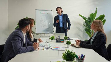 Resmi takım elbiseli profesyonel bir takım modern bir ofiste strateji toplantısına katılır. Erkek bir konuşmacı beyaz tahtada iş planını açıklarken, meslektaşlar da aktif olarak dinliyor ve not alıyorlar..