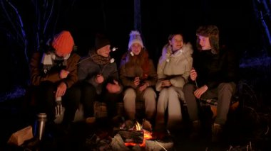 Bir grup genç arkadaş sıcak kış kıyafetleri içinde gece parlayan bir kamp ateşinin etrafında oturuyorlar. Metal bardak ve termos tutuyorlar, sıcak içecekleri paylaşıyorlar ve birlikte dışarıda eğleniyorlar..