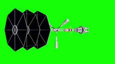 Modern uzay teknolojisi konsepti. Uzay uydusunun 3 boyutlu modeli, fütüristik sputnik model animasyon yüzdürme ve döndürme, krom anahtar yeşil ekran arka planında izole edilmiş.