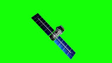 Modern uzay teknolojisi konsepti. Uzay uydusunun 3 boyutlu modeli, fütüristik sputnik model animasyon yüzdürme ve döndürme, krom anahtar yeşil ekran arka planında izole edilmiş.