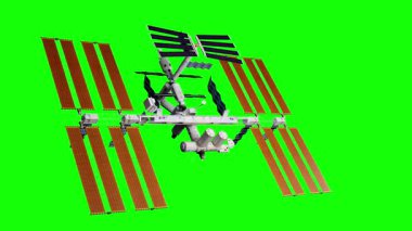 Modern uzay teknolojisi konsepti. Büyük uzay uydu istasyonunun 3D modeli, fütürist sputnik model animasyon yüzer ve döner, krom anahtar yeşil ekran arka planında izole.