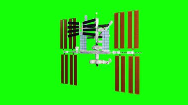 Modern uzay teknolojisi konsepti. Büyük uzay uydu istasyonunun 3D modeli, fütürist sputnik model animasyon yüzer ve döner, krom anahtar yeşil ekran arka planında izole.